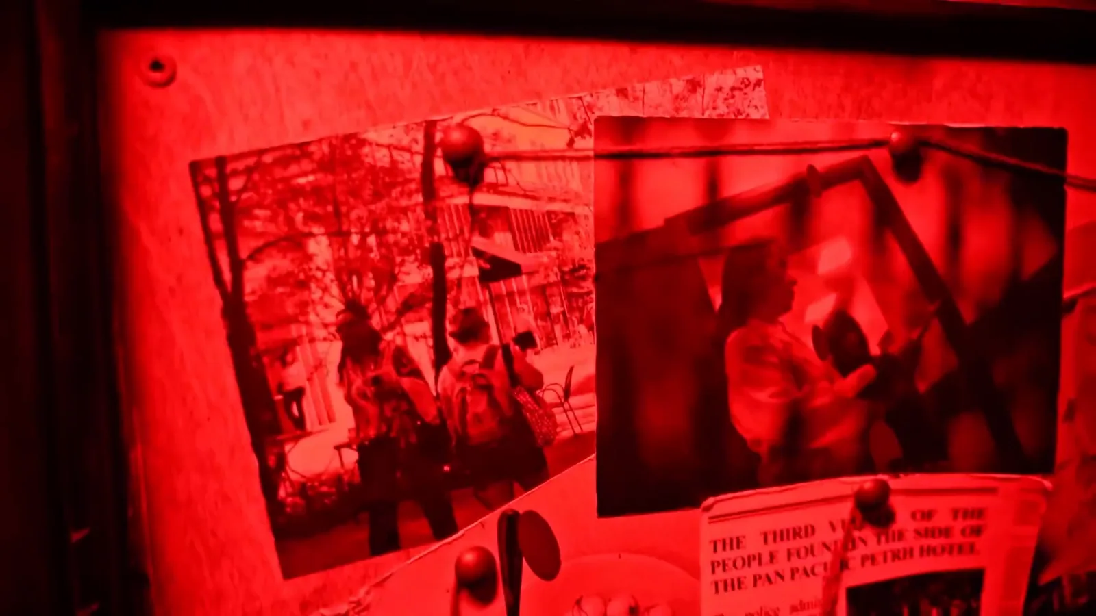 Photos and clippings pinned to the Butcher’s board in the Cannibal escape room